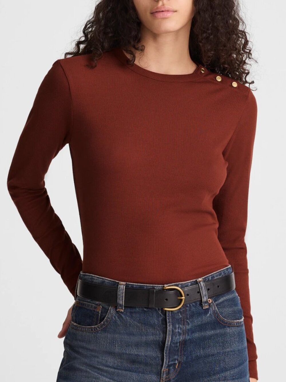 Madewell Ribbed Button Crewneck Long Sleeve Tee Burnt Orange Size M NWT